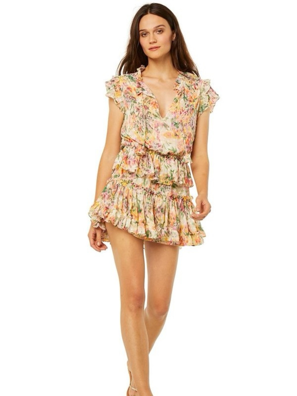 Misa Los Angeles Lilian Floral Ruffle Colorful Flowy Summer Mini Dress Size S
